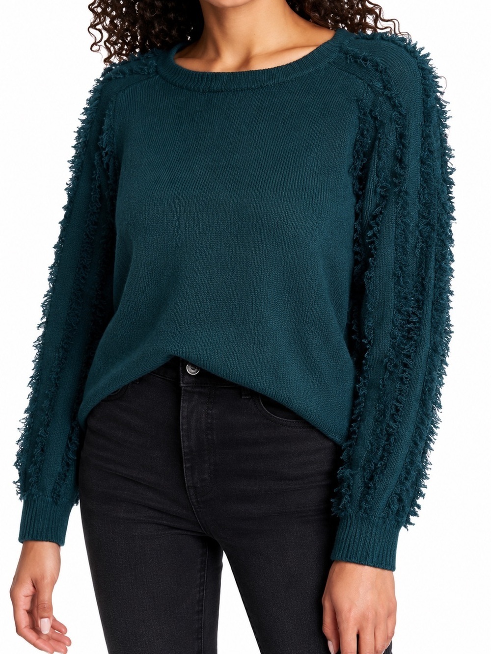 1. State dark green fringe sweater, large